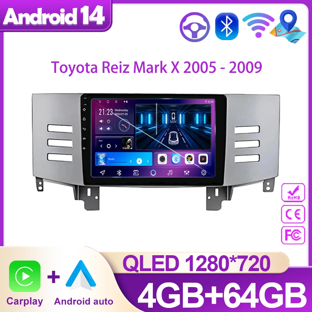 

Android 14 Auto Car Radio Wireless Carplay For Toyota Reiz Mark X 2005 - 2009 Head Unit Multimedia Player GPS Navigation 5G Wifi