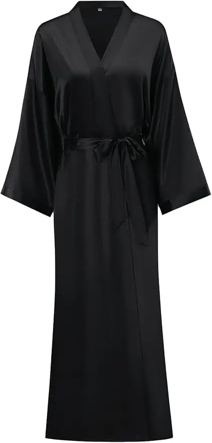 Solid Satin Night Robe Elegant Long Sleeve V Neck Pajamas With Belt Sexy Women Sleepwear