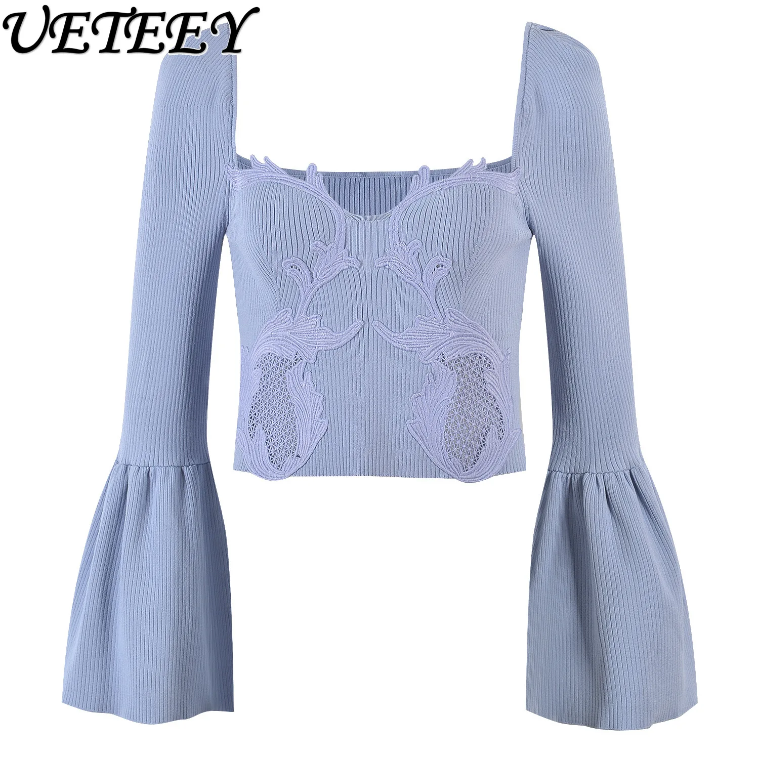 Spring Autumn New Solid Color Square Neck Flared Sleeve Lace 3D Hollow Knitted Top and Short Skirt Slimming Set for Women