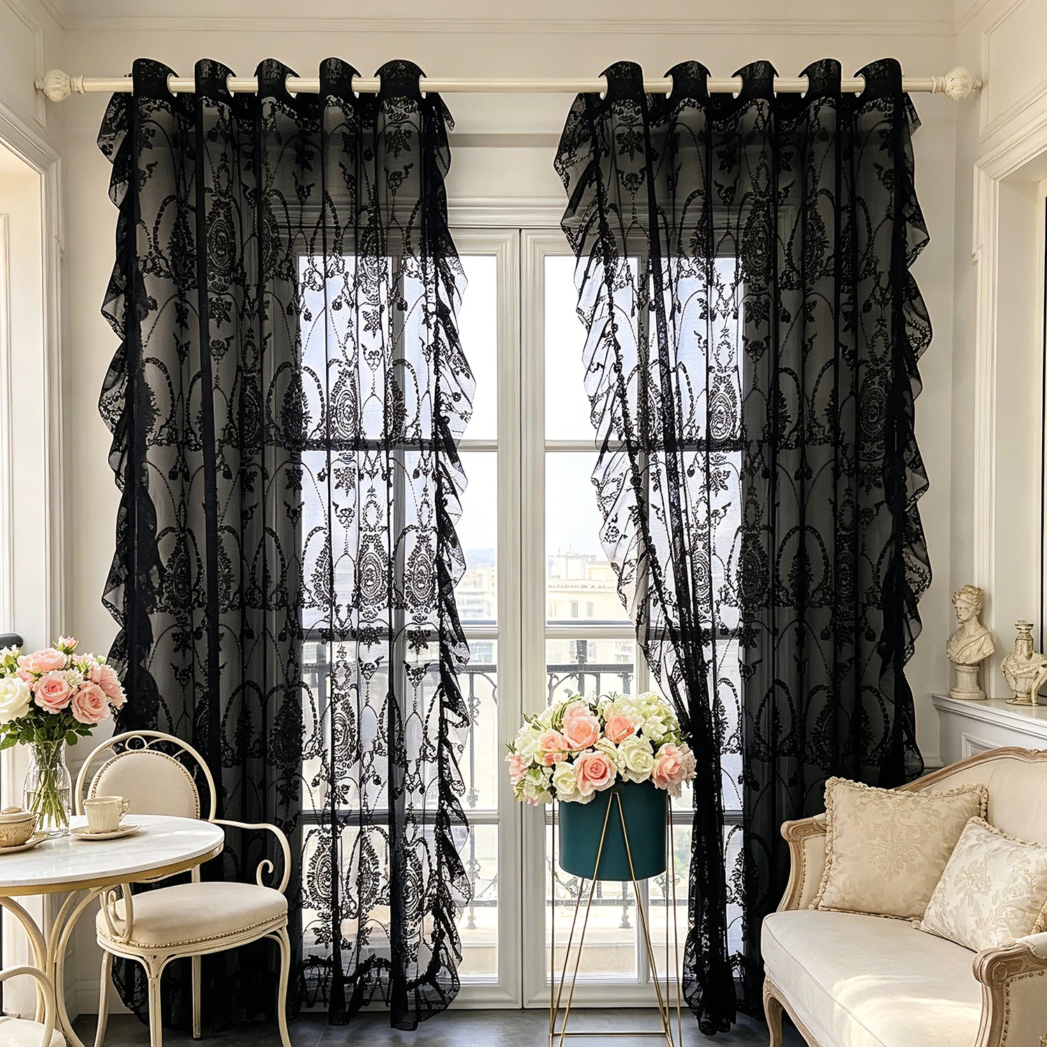 1PC Luxury Black Lace Ruffled Sheer Curtain for Living Room, Balcony, Kitchen, Window Drape Home Decoration Blinds