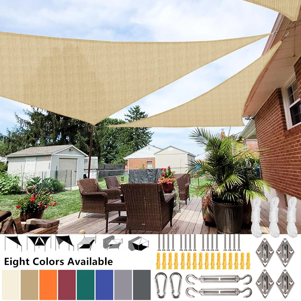 Triangle Sun Shade Sail Waterproof Canopy Shade Cloth Sunlight Block Patio Cover Awning for Garden Shading Roof W/ Hardware Kit