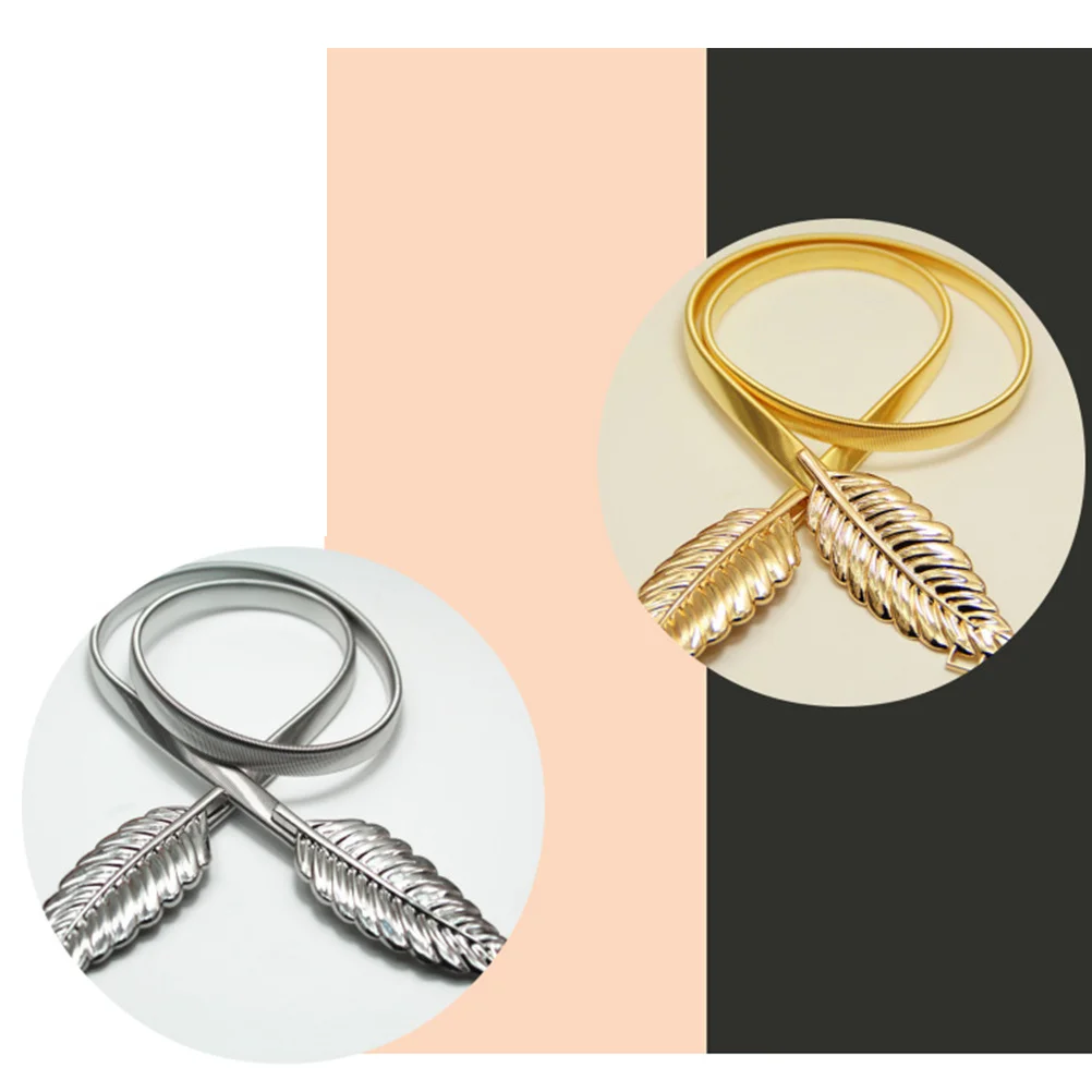 

Metal Leaves Waistband Golden Leaf Shape Elastic Stretchy Waist Belt For Women Adjustable Fashion Cummerbund Skinny Strap