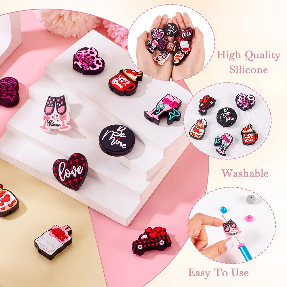 Valentine Day Silicone Focal Bead Love Heart Cupid Pattern Soft Rubber Spacer Beadable Ballpen Bracelet DIY Jewelry Craft Making