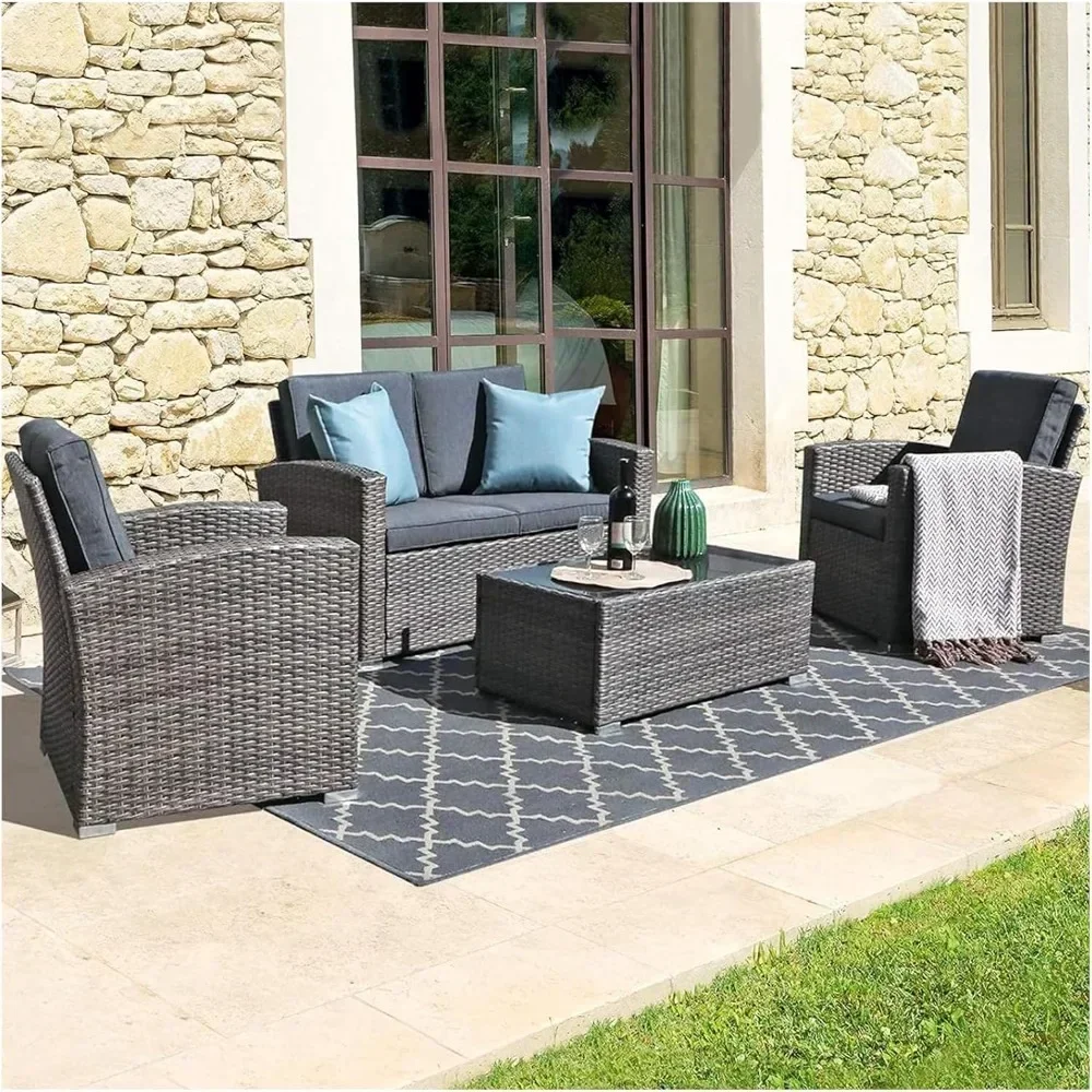 Set da conversazione per patio da esterno a forma di U, set di divani da patio componibili piccoli in vimini in rattan PE da 4 pezzi con tavolino in vetro temperato