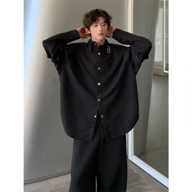 Man Black Shirts 2026 Spring Oversized Shirt With Shoulder Pads Men's Removable Long Sleeve Streetwear Gothic Punk Stylist Shirt