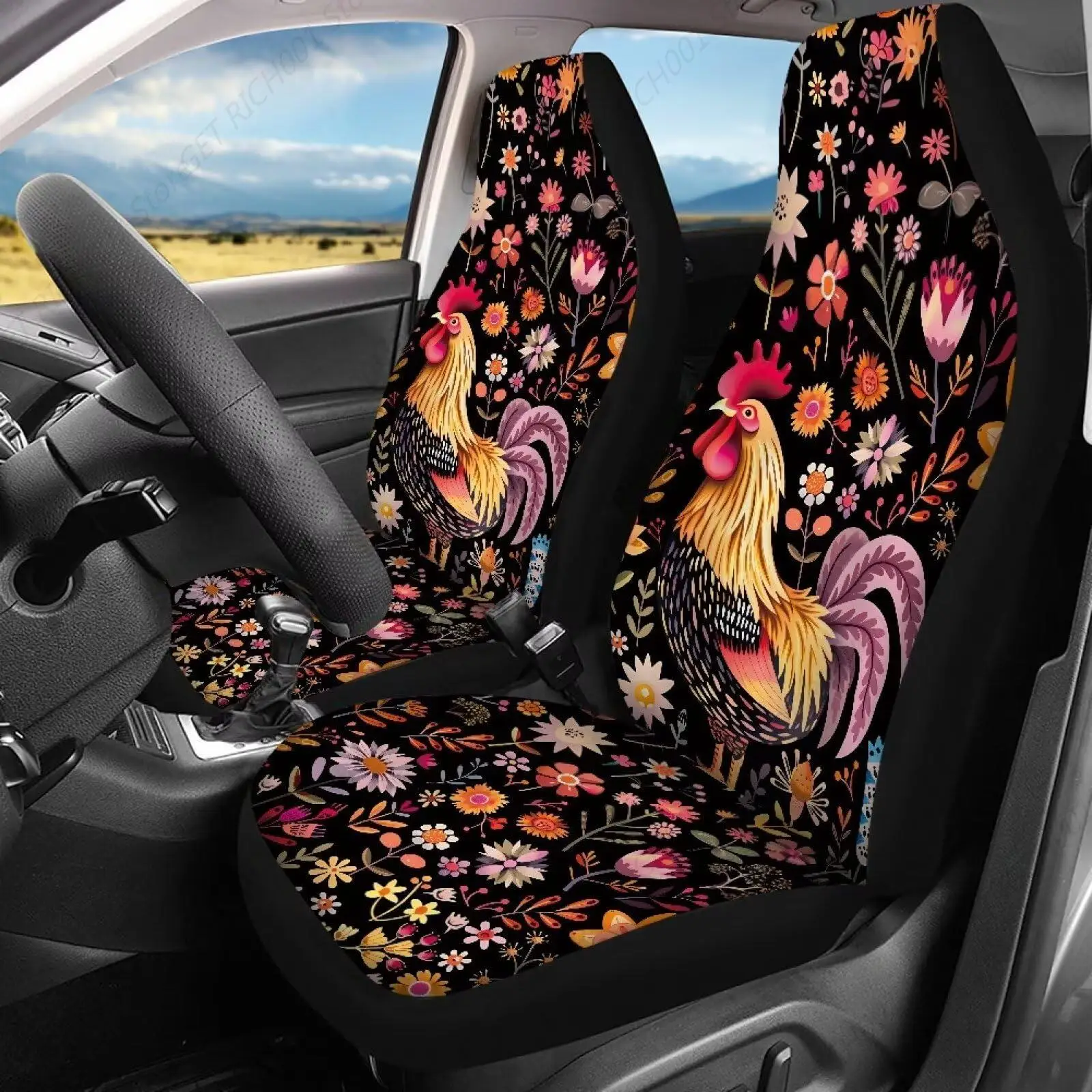 Rooster Chicken Flower Print Car Seat Covers, Soft Front Seat Cover and Back Seat Covers, Easy to Clean Auto Interior Decoration