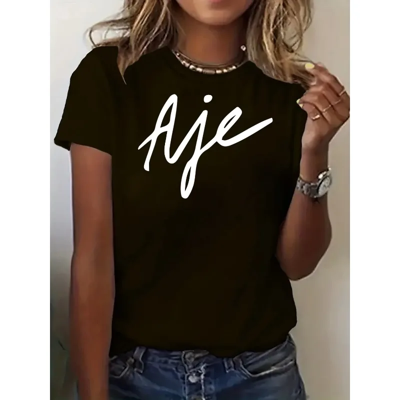 Ms. A Jie Short-Sleeve Crew Neck T-Shirt Handwritten Letter Print Casual Top Comfortable Year-Round Simple Fashion T-Shirt