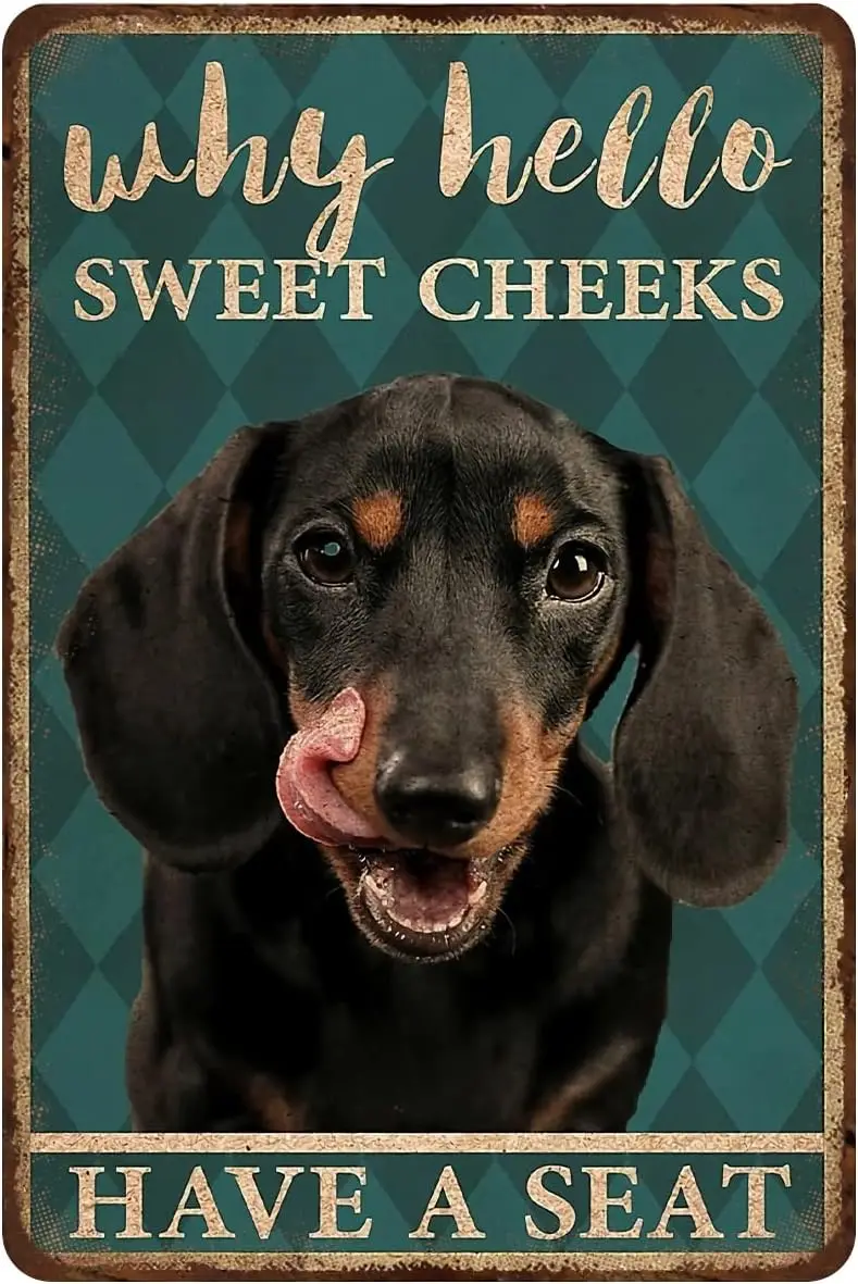 Retro Metal Tin Sign Dachshund Bathroom Poster, Why Hello Sweet Cheeks,Vintage Bathroom Sign Decor Funny Metal Tin Sign Nic sign