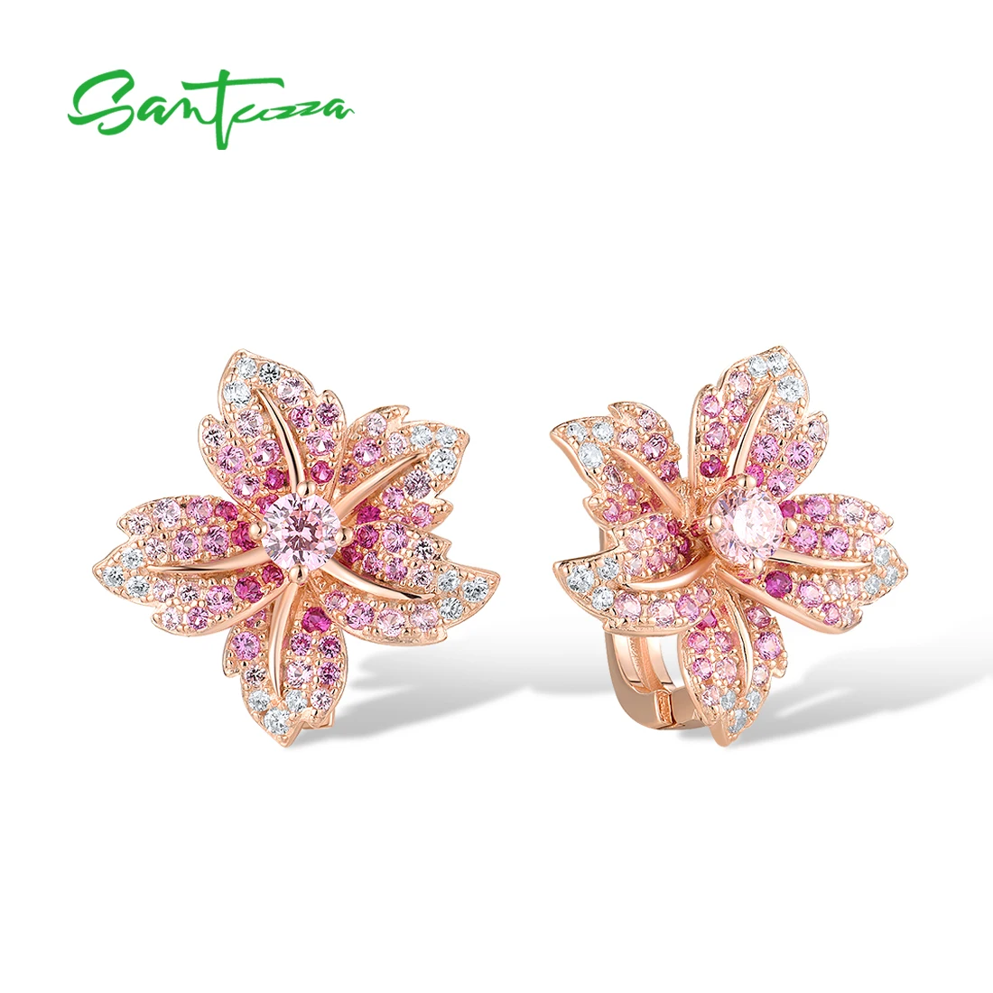 SANTUZZA Pure 925 Sterling Silver Earrings For Women Sparkling Blue Pink Stone Lily Flower Latch Back Luxury Party Fine Jewelry
