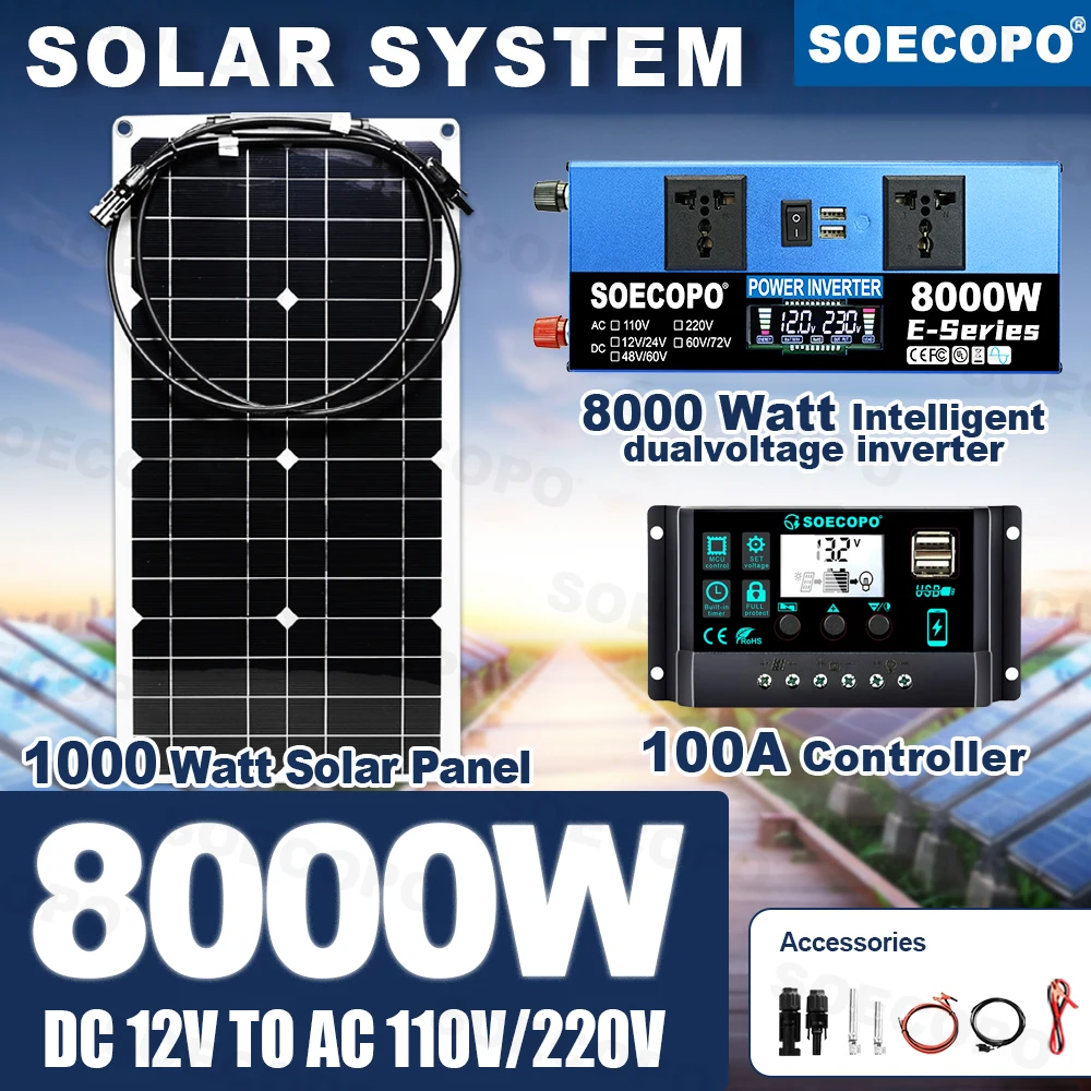 Stable Power camping equipment 8000W Solar Kit 1000W Inverter with Charge Controller Eco-friendly for Food Truck Generator home