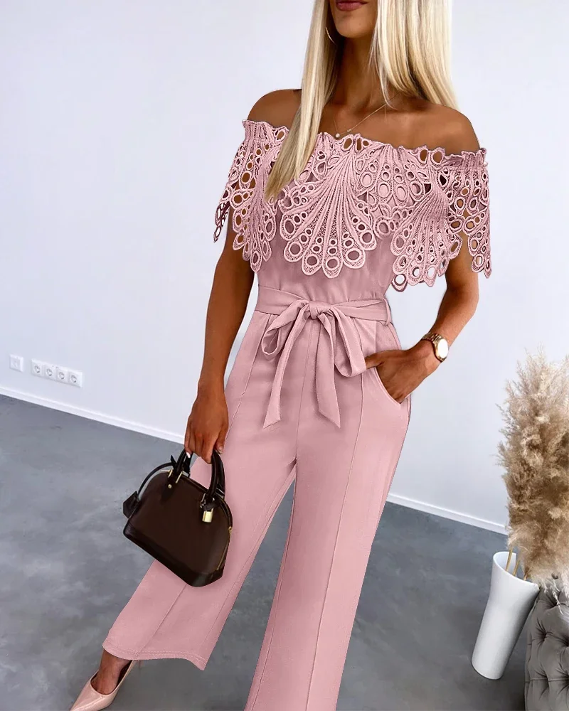 

Sexy Solid Color Hollowed Out Lace One Neckline Jumpsuit Women with Belts Straight Leg Working Jumpsuit 2024 New Women Outfits
