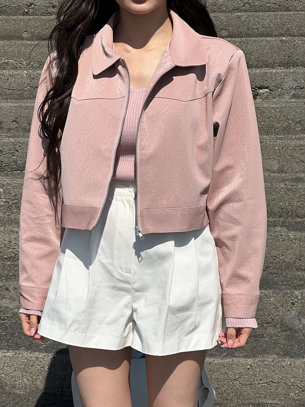 Sweet American Sle Pink Long Sve Rits Jaet ort Bovenkleding Dames Nieuwe Lente High-End Klein Formaat Leer Jaet