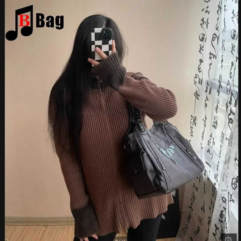 Y2K Gothic Women Girls Punk Handbags Harajuku Leisure Commuter One Shoulder Motorcycle Soft Leather Diagonal Straddle Bag Totes