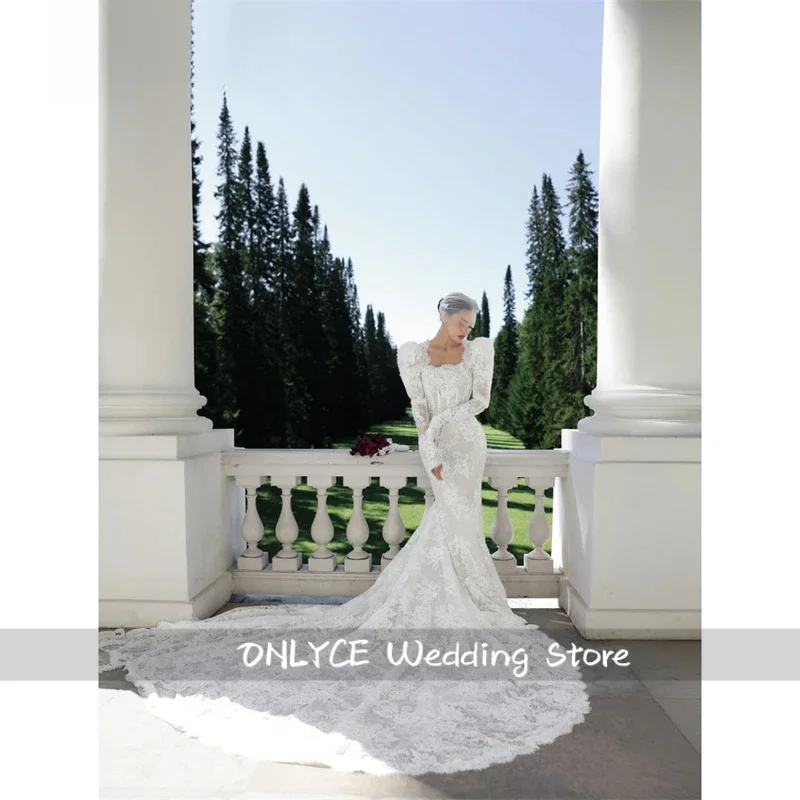Custom White Square Neck Puff Sleeve Mermaid Dress Long Train Lace Wedding Gown Formal Bridal Wear