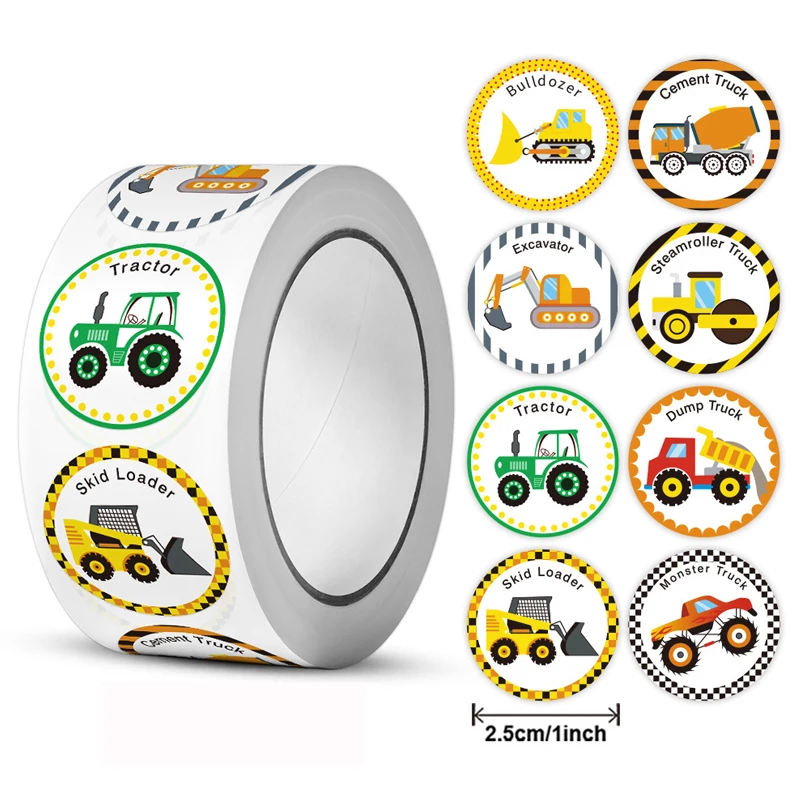 1 Roll 500Pcs Construction Vehicle Sticker For Kids Reward Encourage Sticker Labels Kids Toys