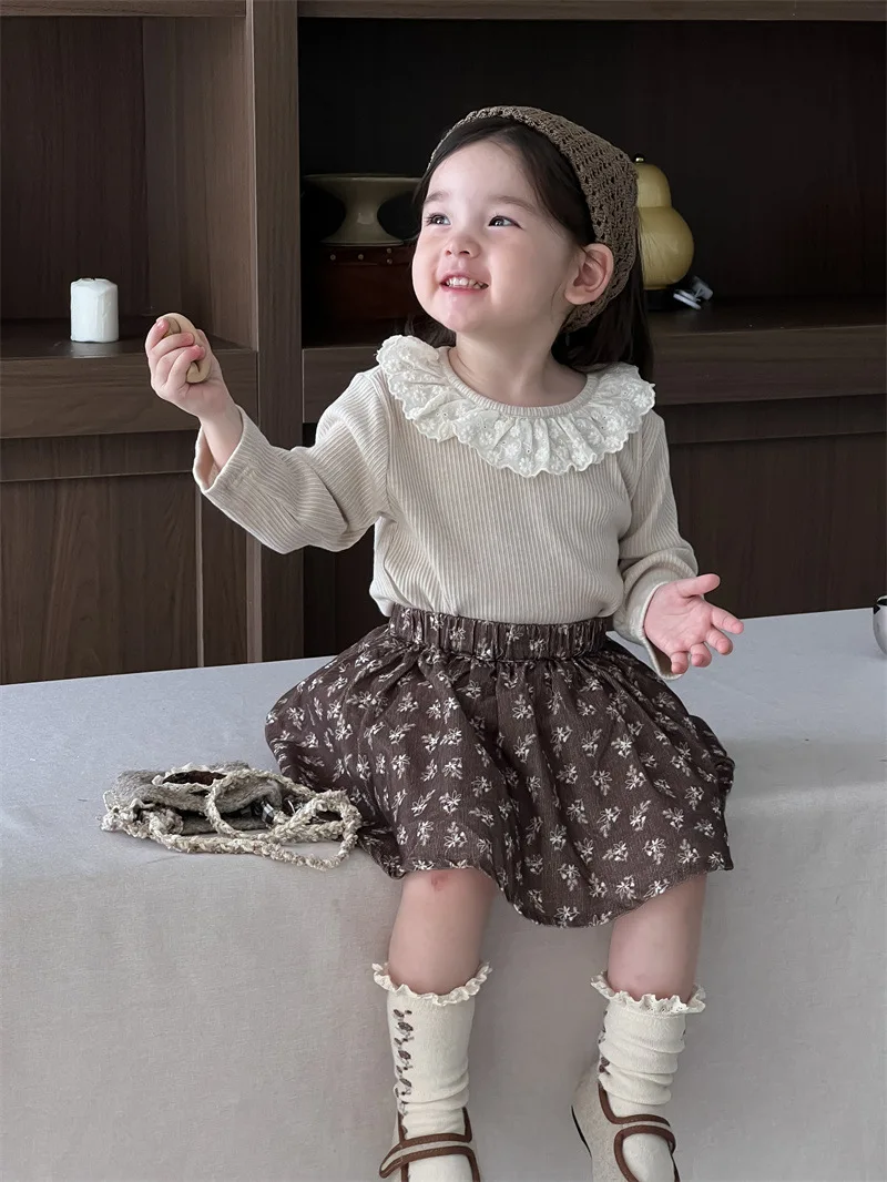 2024 Autumn New Baby Girl Floral Skirts Cotton Infant Girl Floral Print Skirts Suit Toddler Girl Lace Shirts Outfits