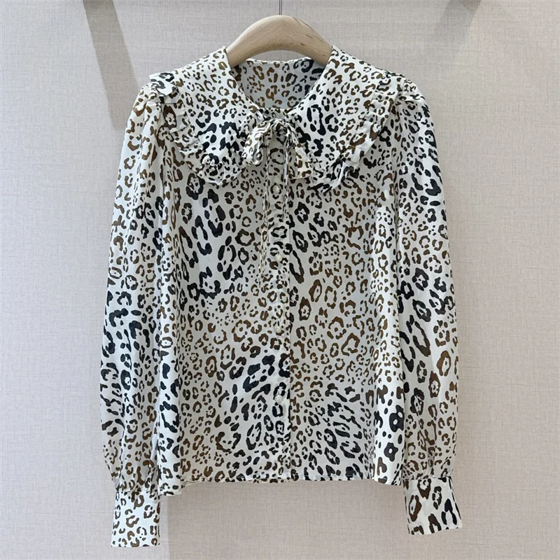 

Women's shirt New autumn 2025 lotus collar slim fit long sleeved top Leopard Print Women's blouse 100% silk Thin coat Women top