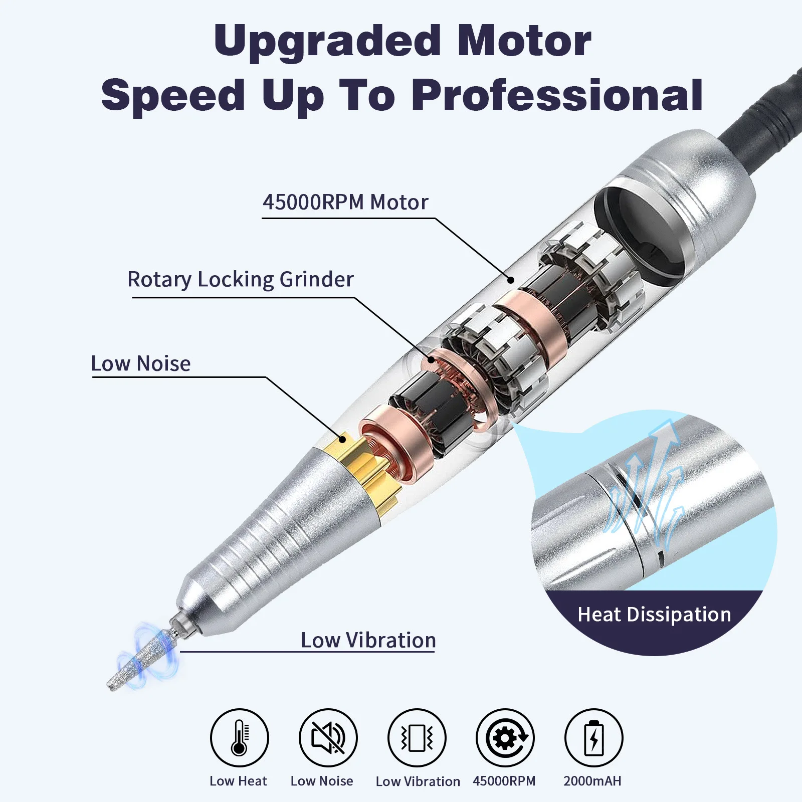 Pulidora eléctrica portátil profesional para uñas, lijadora recargable de bajo ruido, herramienta de salón de manicura, 45000RPM