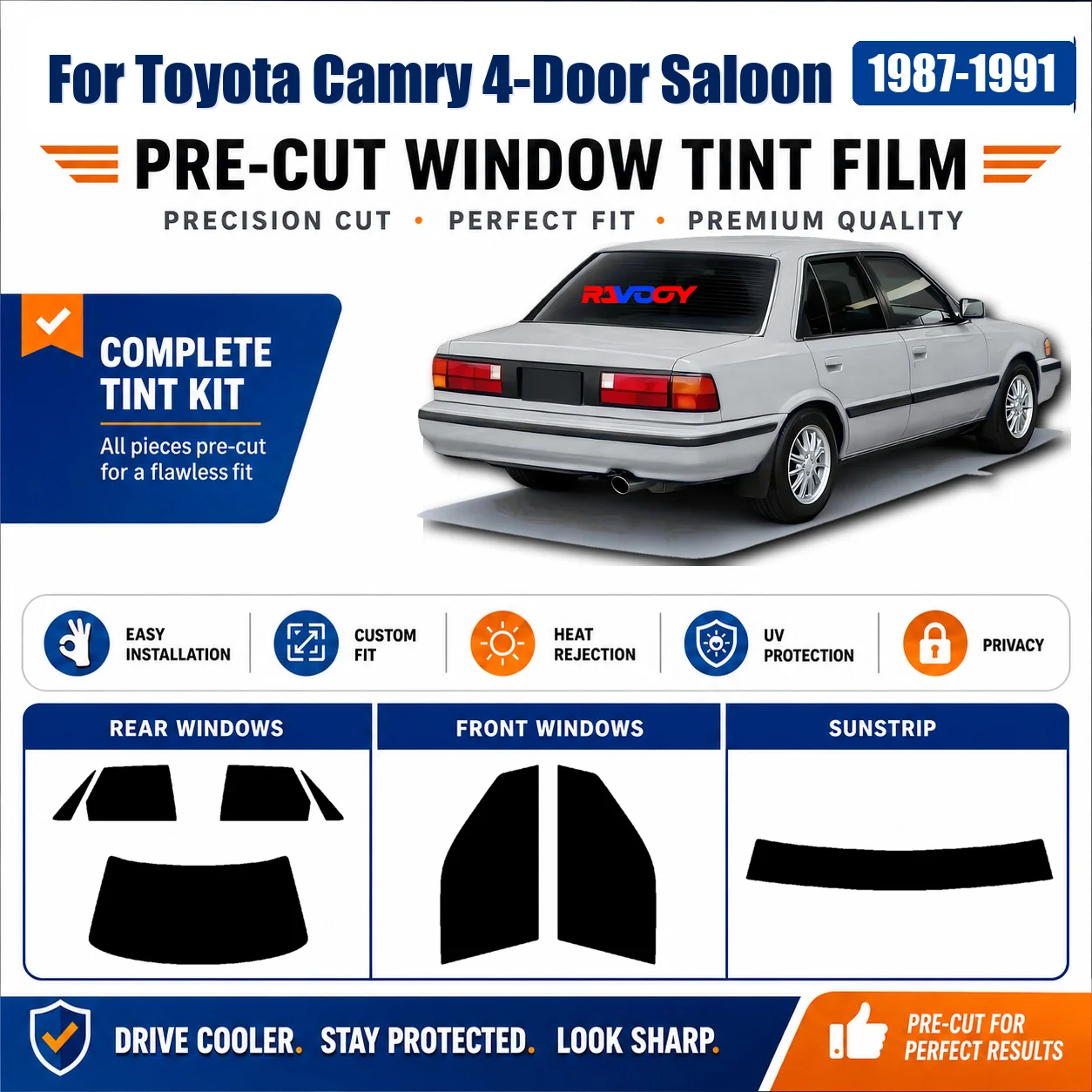 For Toyota Camry 4-Door Saloon 1987-1991 Sun Shade Film Precut Front Window Rear Window Heat & UV Blocking