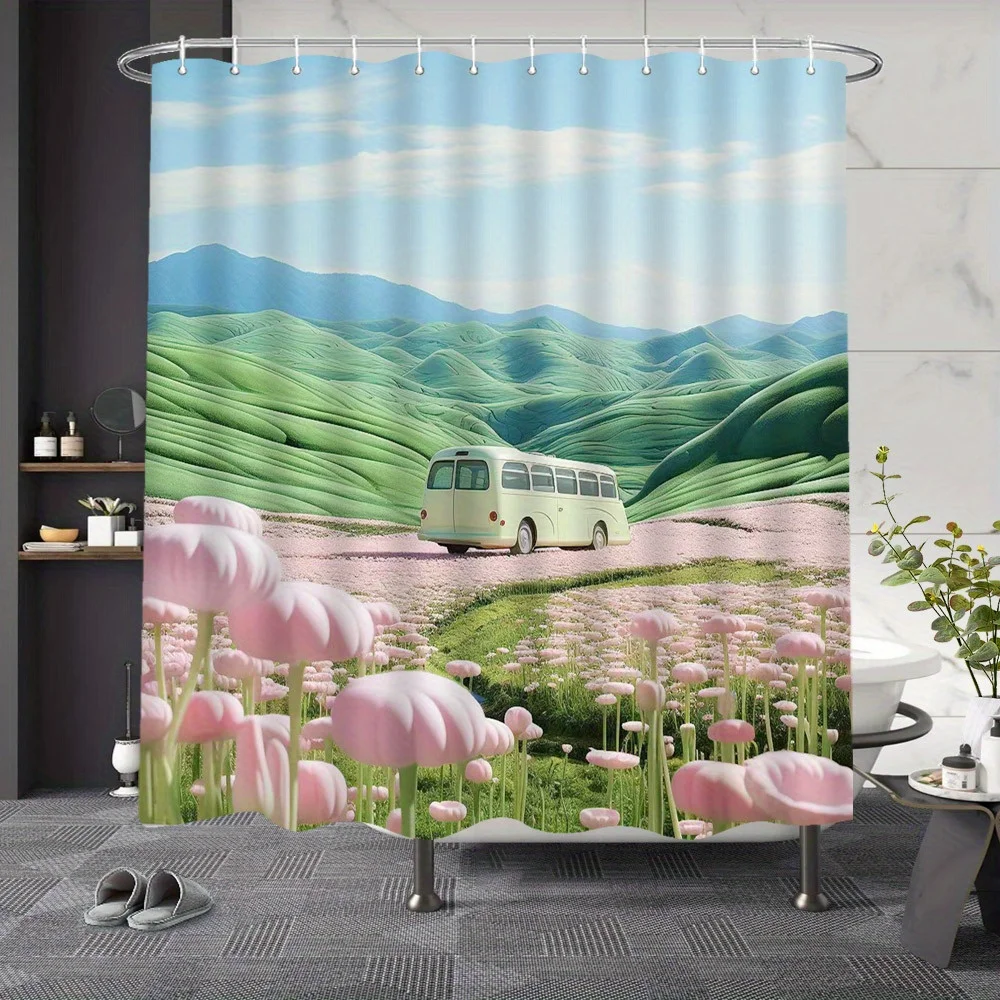 

Vintage Bus & Pink Tulips Shower Curtain - Whimsical Mint Green Landscape Design, Polyester Fabric with 12 Hooks, 72x72 Inches