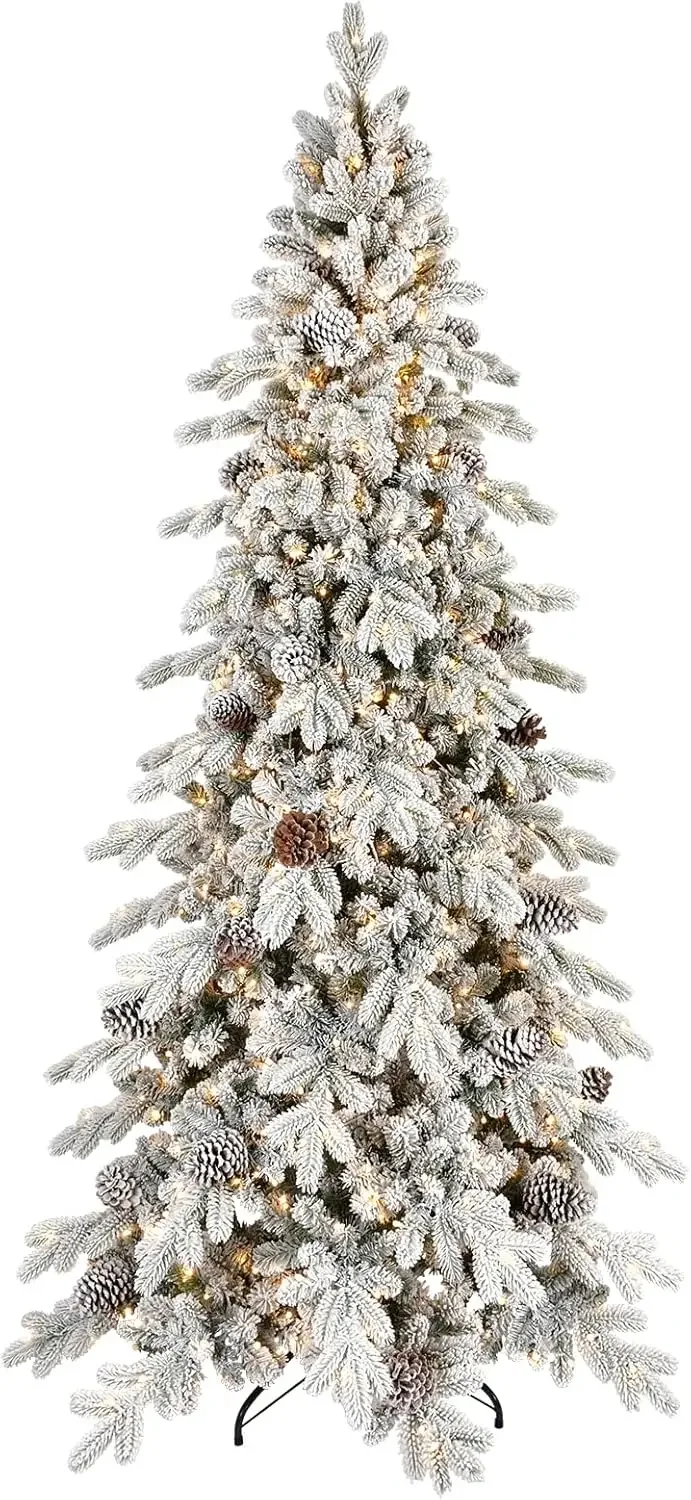 6.5 FT Pre-Lit Snow Flocked Slim Fir Christmas Tree with 1085 PE & PVC Mixed Branch Tips,Artificial Skinny Pencil Xmas Tree