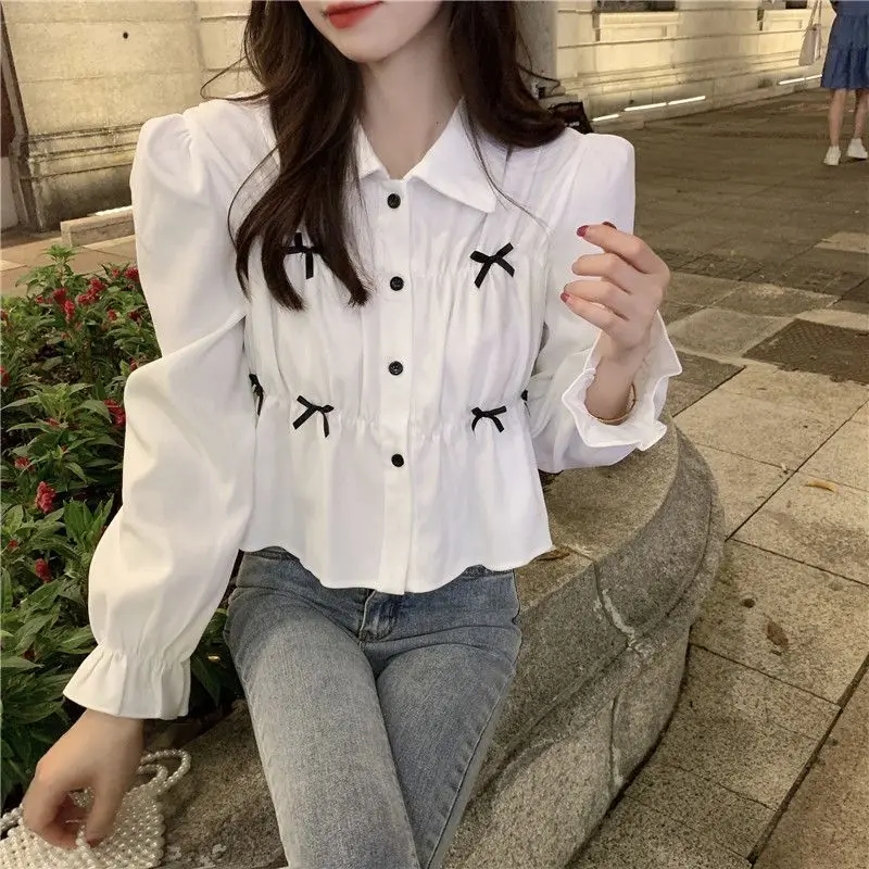 Spring New Long Sleeve Bow Patchwork Blouse Solid Polo Neck Pleated Korean Short Shirt Tops Fashion Temperament Women Clothing