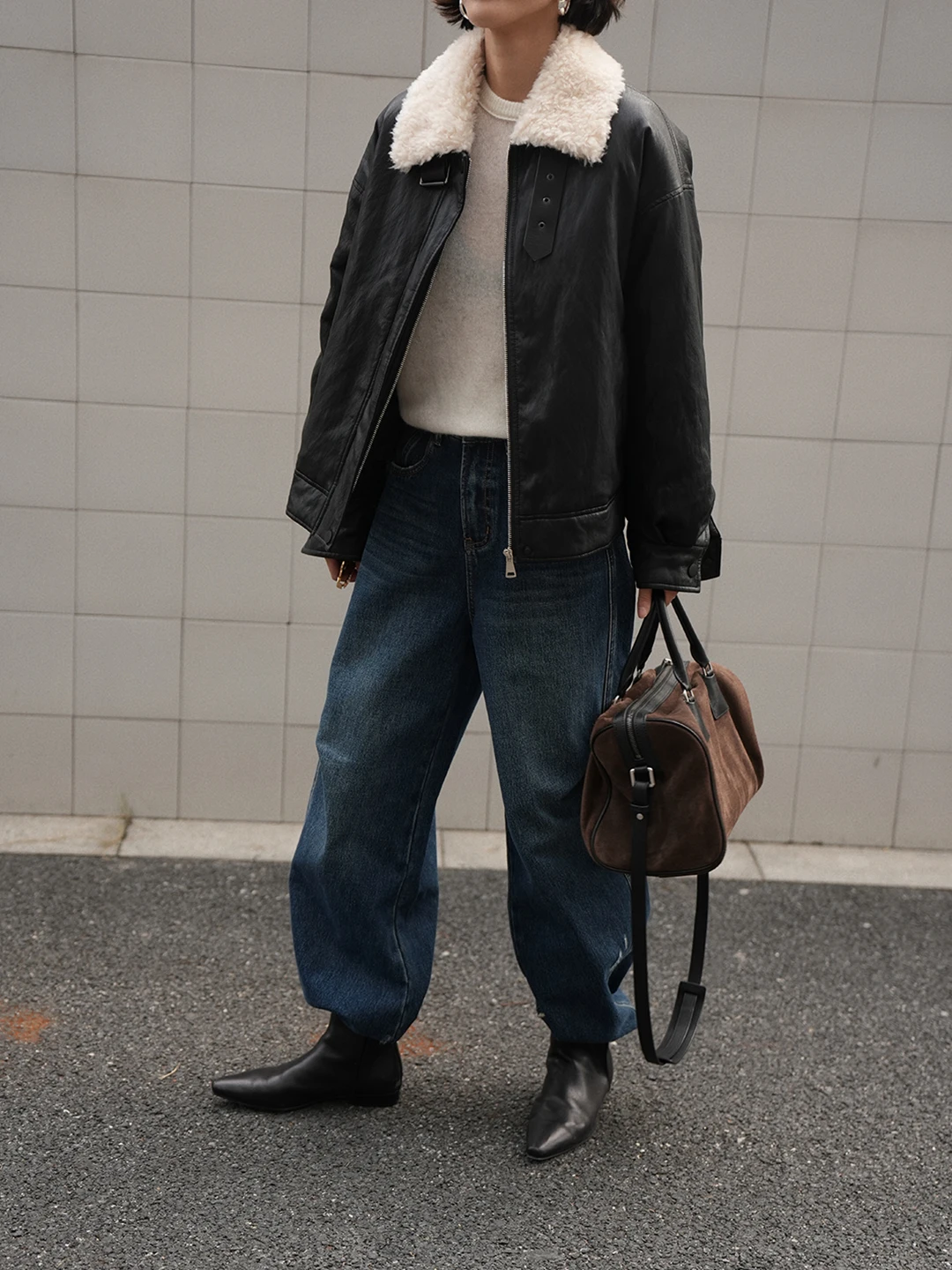 

Retro Sle Biker ort down Jaet Warm Fur Collar White Du down Leather Coat for Women Winter Outerwear Faion Youth