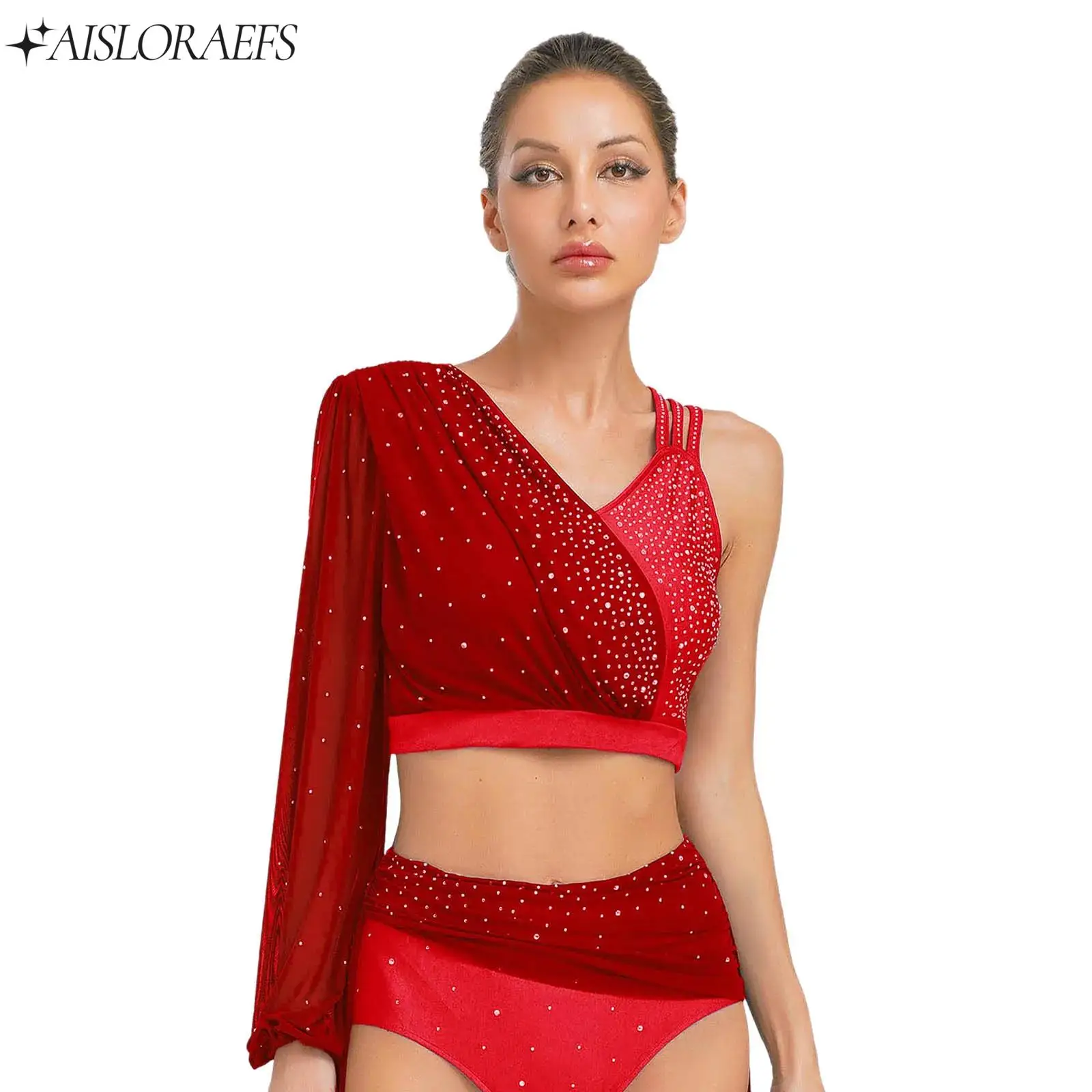 

Womens Lyrical Dance Crop Top Stage Performance Costume One Long Sleeve Strappy Back Top Rhinestone Top Contemporary Dancewear