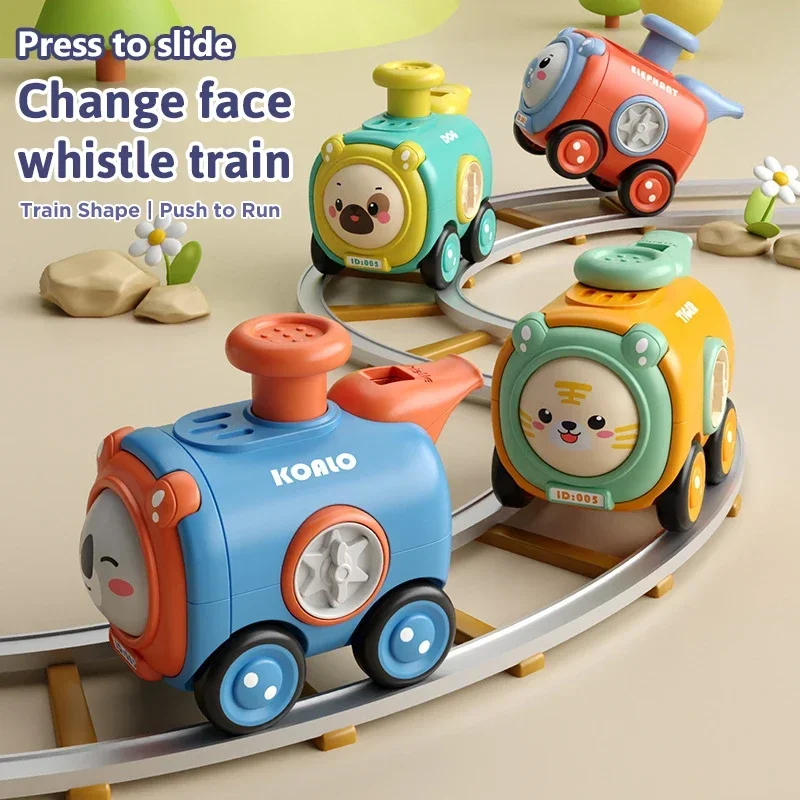 

Press Face Changing with Whistle Small Train Crash Resistant Inertia Toy Car Cartoon Car Parent-child Interaction Toys for Kids