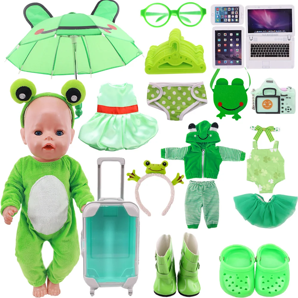 Doll Clothes Green Series Dsiney Frog Cartoon Dress Doll Shoes For 18 Inch American&43m Reborn Baby Reborn New Born Doll `s Toy