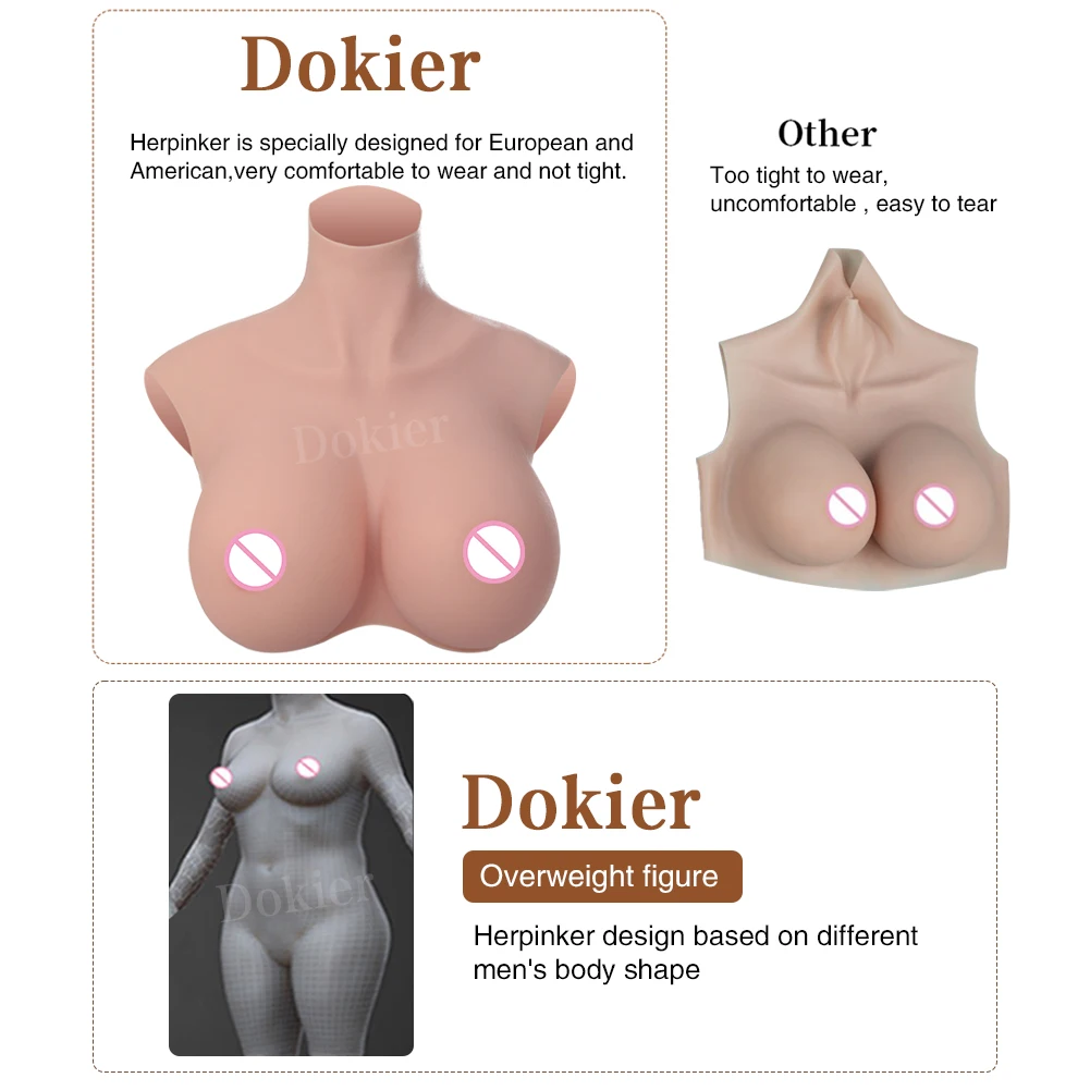 Dokier H R S Cup Oversize plus Realistic Silicone Breast Forms Fake Boobs Breast Plates[Round neck silicone filled boobs