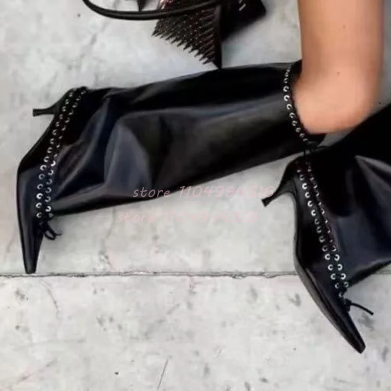 

Black Rivet Lace Up Pointed Ankle Boots Women Patent Leather Stiletto Knee High Boots 2025 Sexy Fashion Large Tube Fashion Shoes