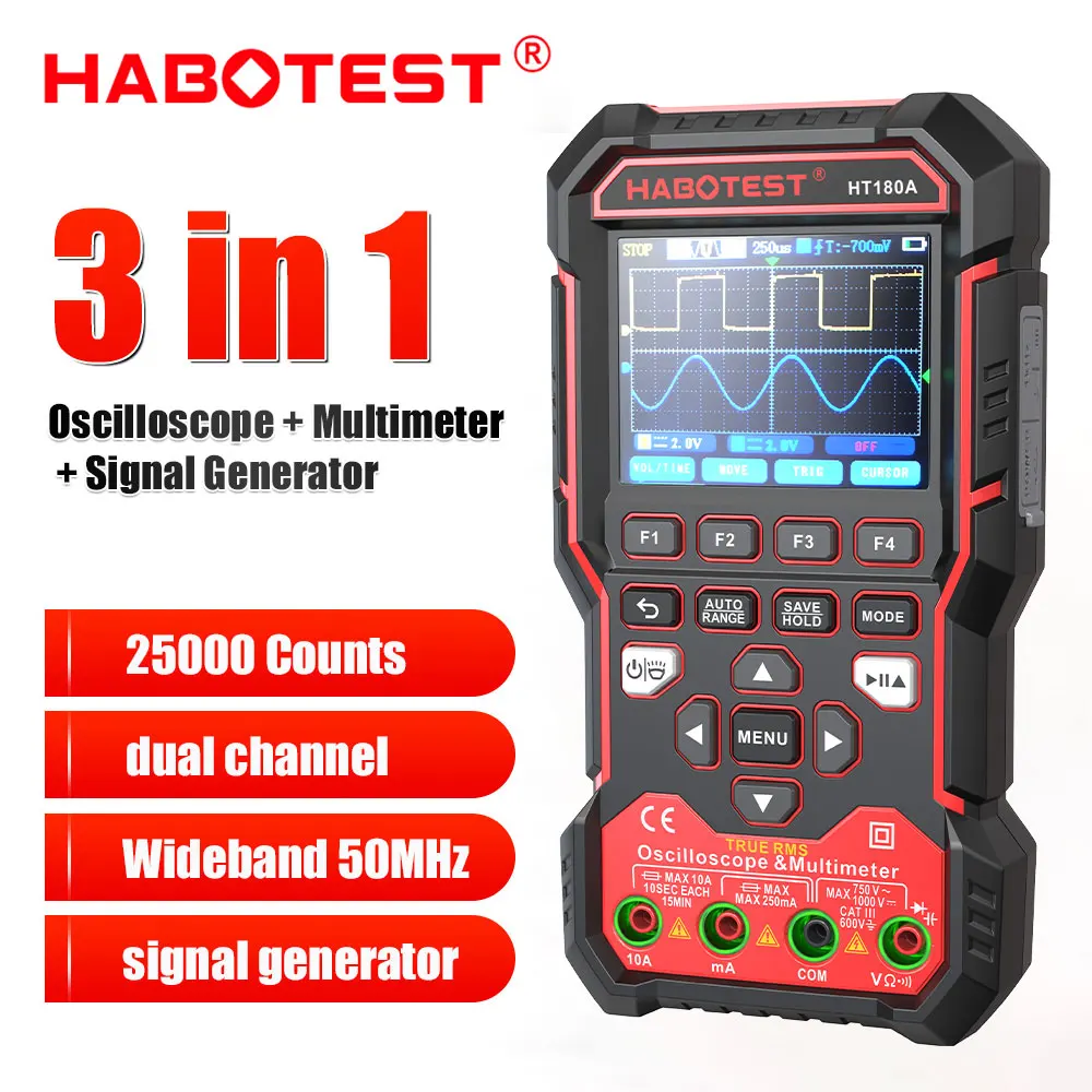 Habotest HT180A Upgrade 3in1 Oscilloscope Multimeter Signal Generator 50MHz Bandwidth 200MS Rate Dual Channel 25000 Counts