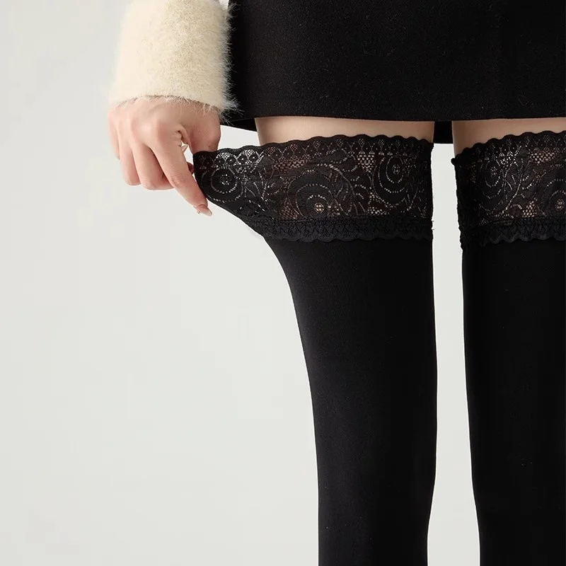 100D Sexy Stockings Retro Lace Top Thigh High Velvet Stockings Spring Autumn Stretchy Leg Warmers Stay Up Over Knee Boot Socks