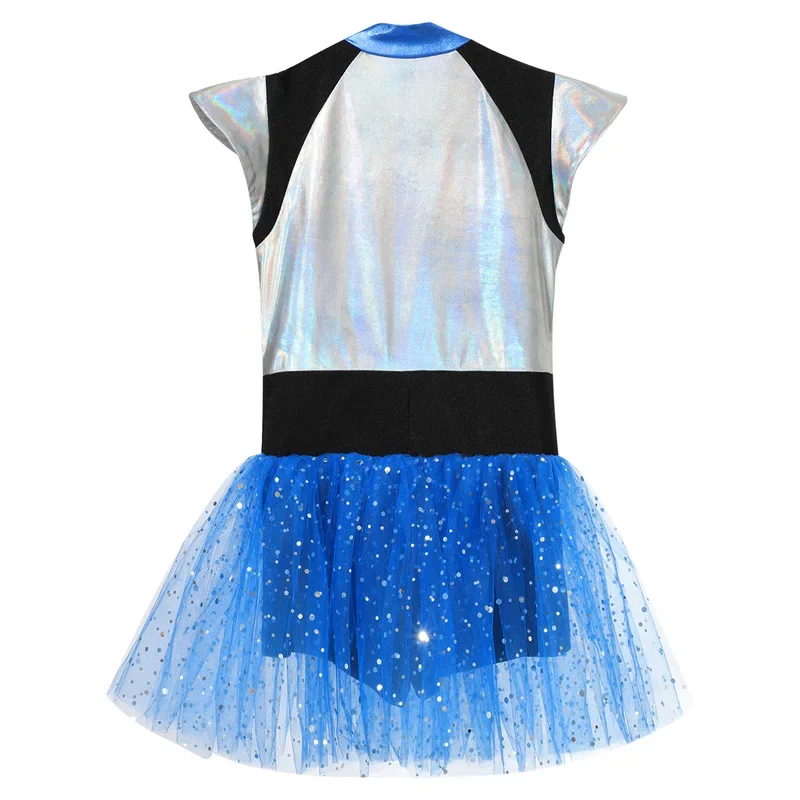 RT01 Kids Girls Alien Cosplay Costume Cheerleading Dance Dress Short Sleeve Shiny Spangles Tutu Leotard Halloween Party Danc&Gf1