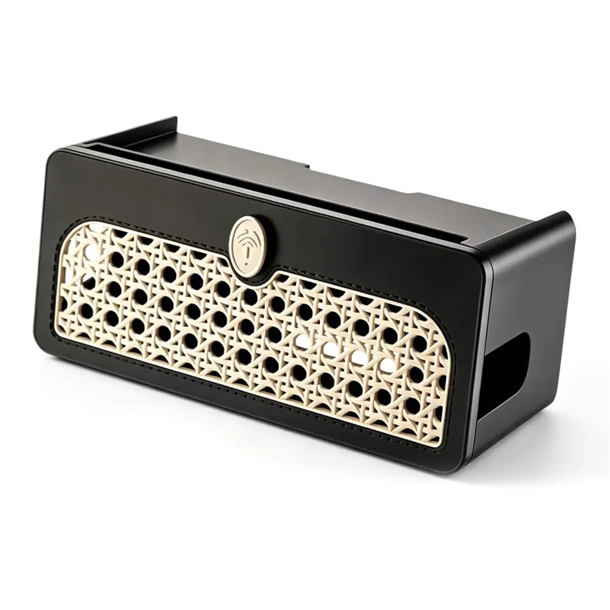 Faux Rattan Cable Management Box, Black Decorative Power Strip Cover with Lid, Cord Organizer