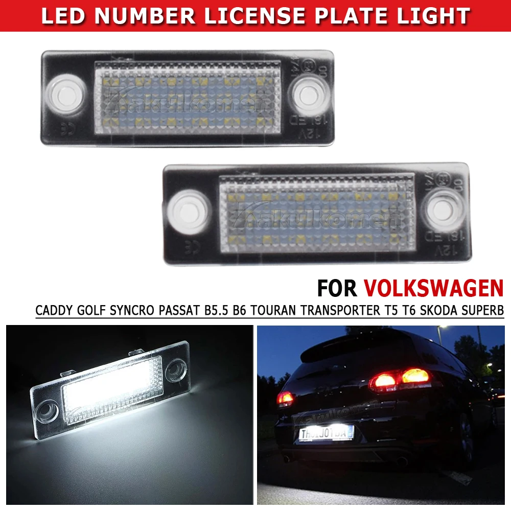 Luz LED Canbus para matrícula de coche, accesorio para VW Caddy MK3 Golf Plus Syncro MK5 Passat B5.5 Sedan B6 Touran MK1 Transporter T5 T6, 2 piezas