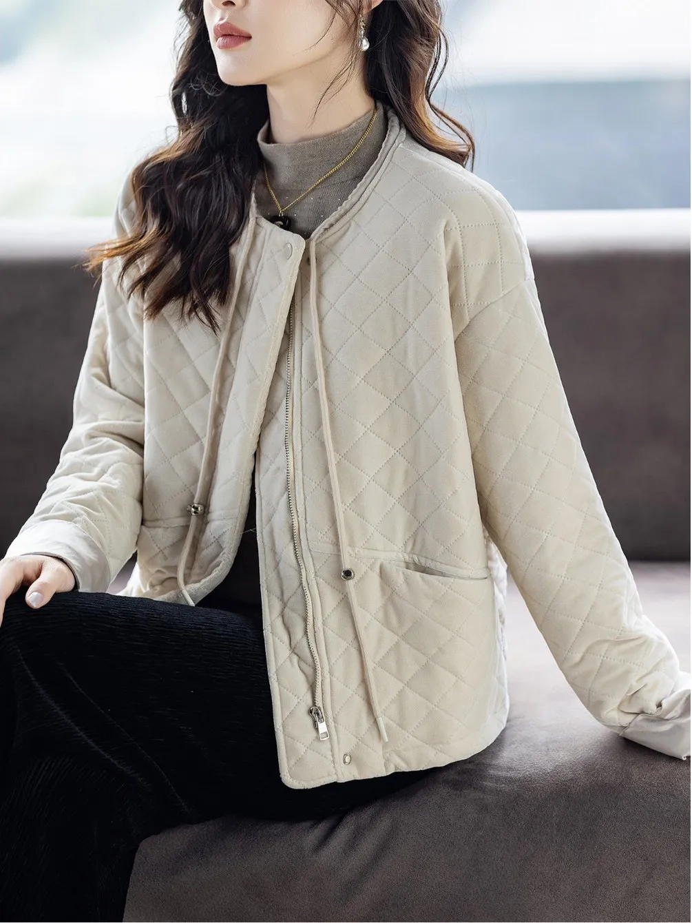 

New Chinese Sle Thiened Diamond Pattern Cotton Jaet Women's Autumn Winter Velvet Outerwear Long Sve Zipper Closure