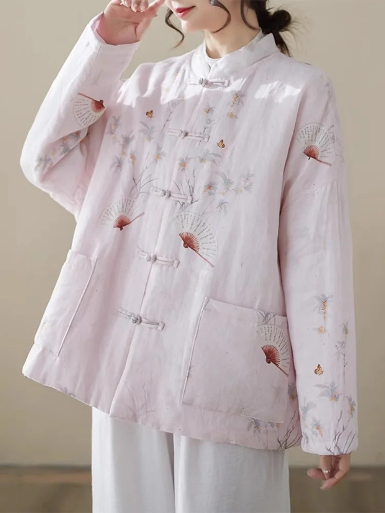 Chinesische Retro-Stil geknöpfte Baumwolljacke für Frauen 2025, Herbst-Winter, bedruckt, Stehkragen, kurzer Steppmantel, Oberbekleidung w230