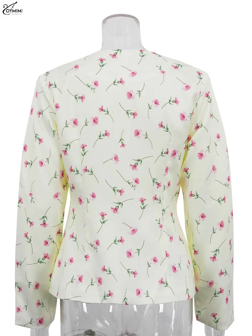 Oymimi Casual Yellow Print Woman Blouses Fashion Long Sleeve Single Button Blouses Elegant V-Neck Pleated Blouse Female Clothing