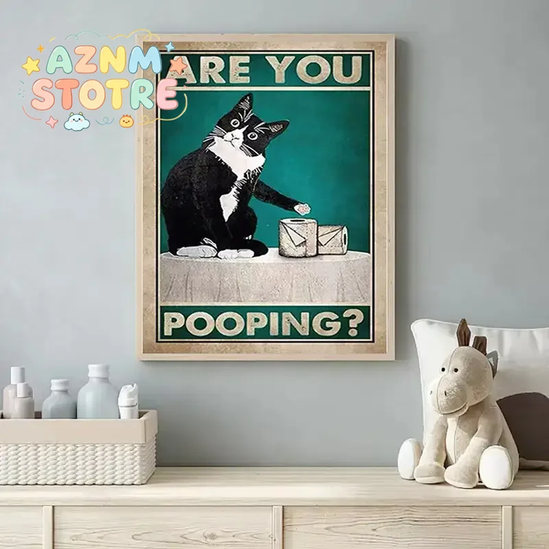 Art quote you are pooping black cat kitten reading newspaper in toilet funny animal poster retro art living room decoration