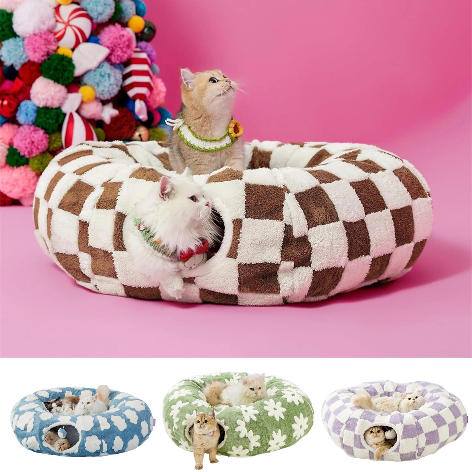 

Dachshund Tunnels Bed Flower Design Calming Donut Bed for Dogs Cats Cute Round Cat Play Tunnels