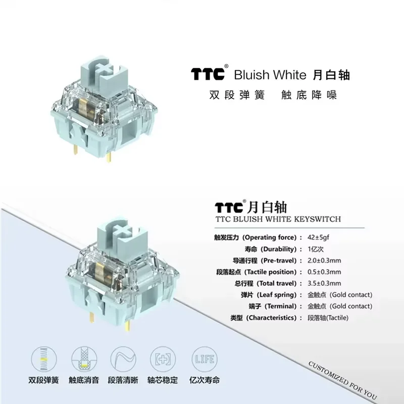 TTC صامت مزرق أبيض التبديل HiFi الصوت 3Pin اللمس مصلحة الارصاد الجوية RGB 42g للوحة المفاتيح الميكانيكية كتم مفاتيح مزدوجة مطلية بالذهب الربيع