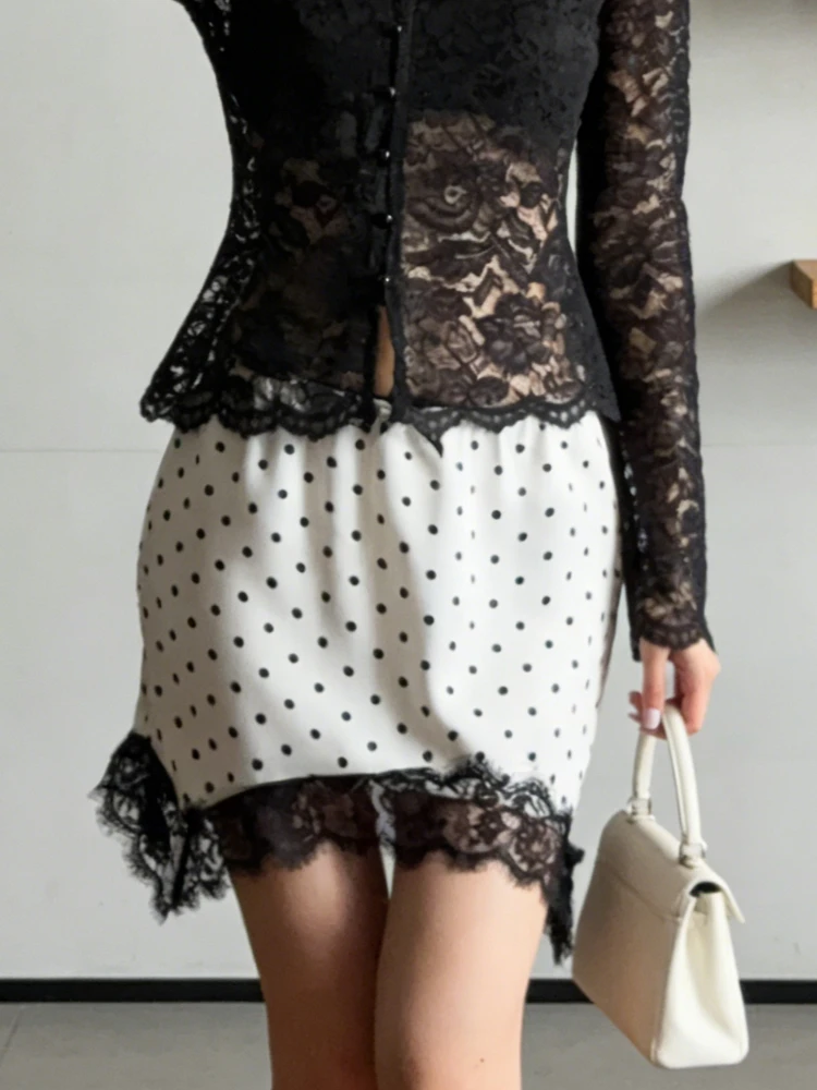 Tsiisd Fashion Lace Printing Dot Dot Mini Skirt Women Commute Slim Sexy Patchwork Contrast High Waist 2026 Y2k Skirt Mini Skirt