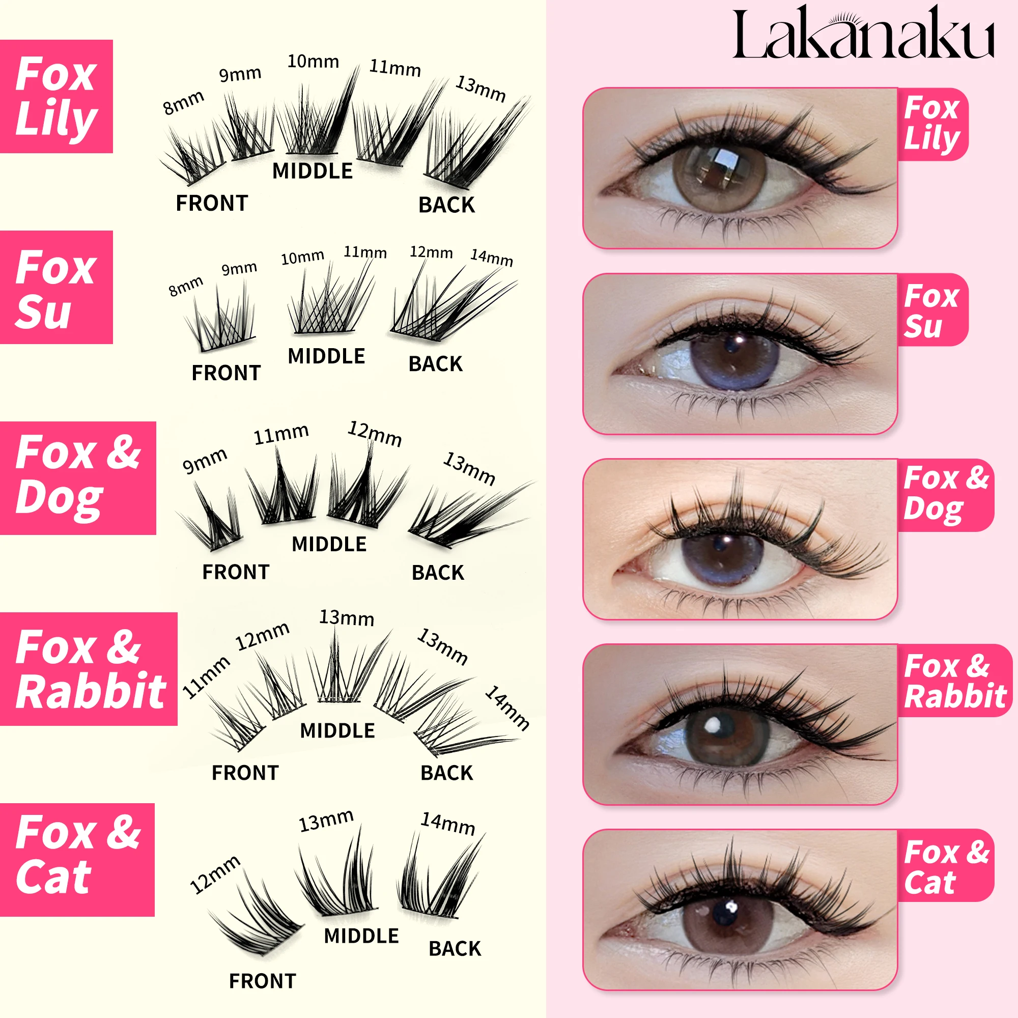 

LAKANAKU Fox Eye Cluster Lashes Premade Eyelashes Fluffy Fans Under Lashes Cluster Cat Eye Clusters
