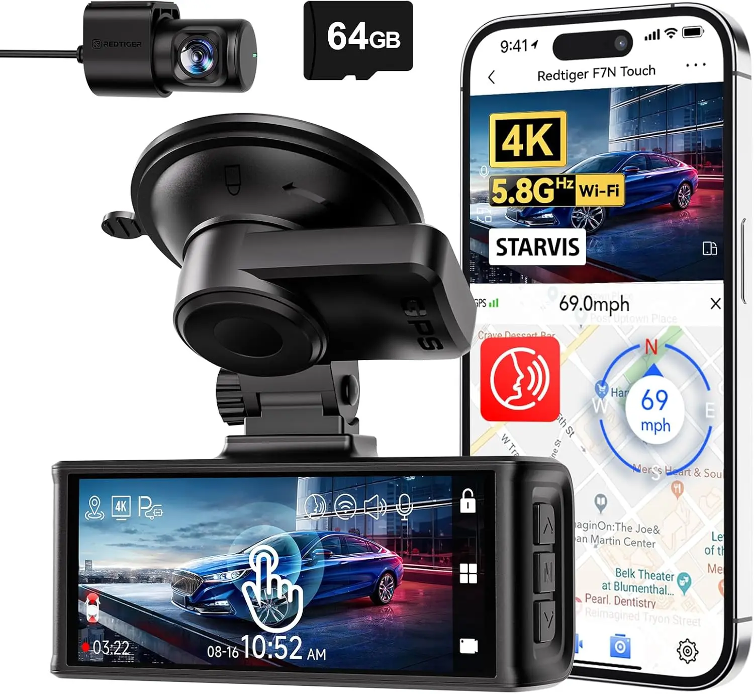 4K Dash Cam Front and Rear, Touch Screen 3.18 Inch, Voice Control, 5.8GHz WiFi Car Dash Camera with 64GB Card, GPS, UHD 2160P Ni