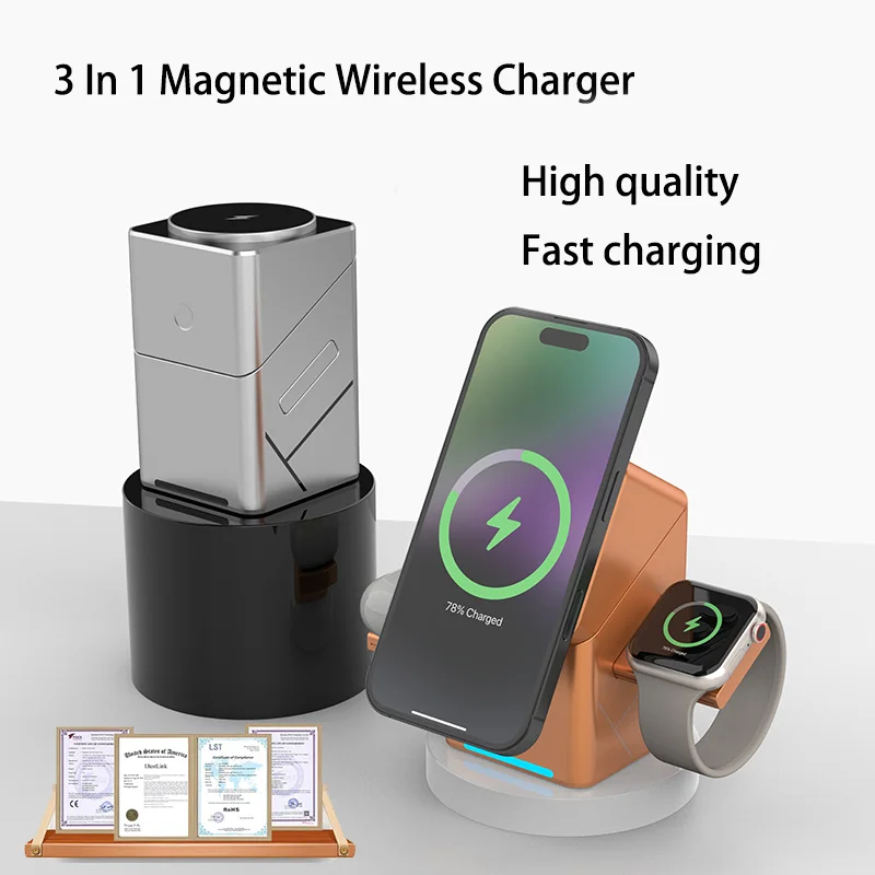 

2026 New Touch Auto Rotation Magnetic Charging Stand for iPhone 16 15 14 13 Pro Max Samsung 3 in 1 Wireless Charger