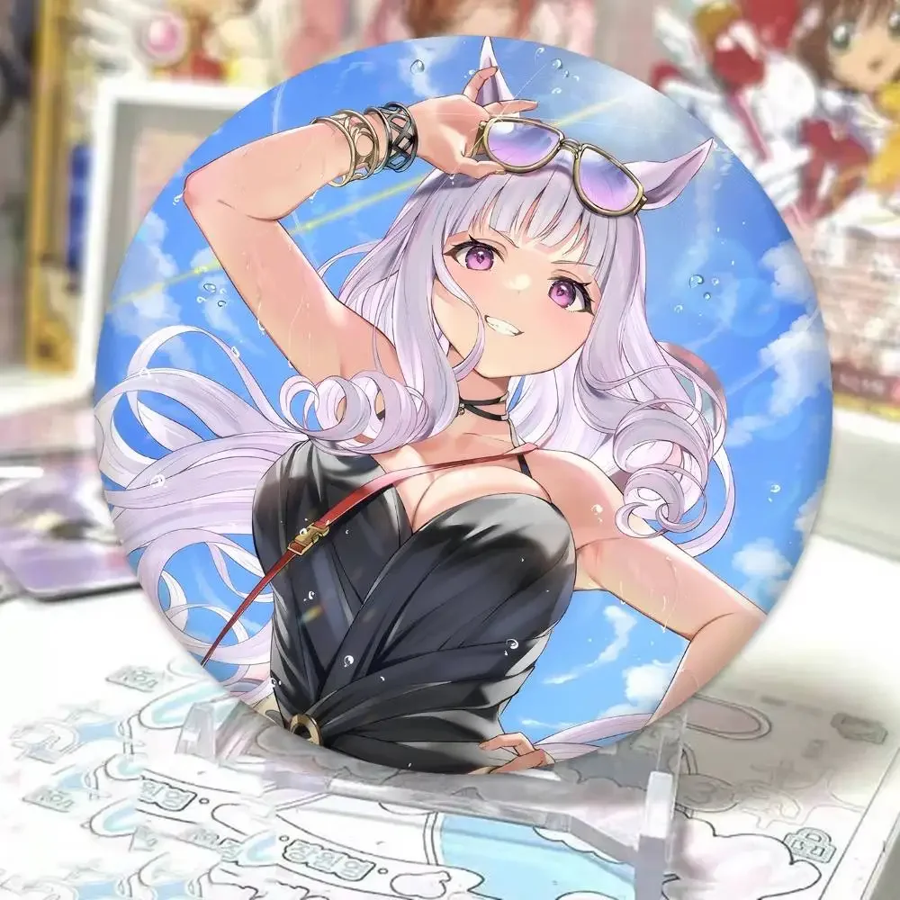 سفينة ذهبية أنيمي Umamusume PrettyDerby شارات رائعة رائعة أنيمي شارة ليزر مستديرة الكرتون بروش الملابس ظهره الملحقات