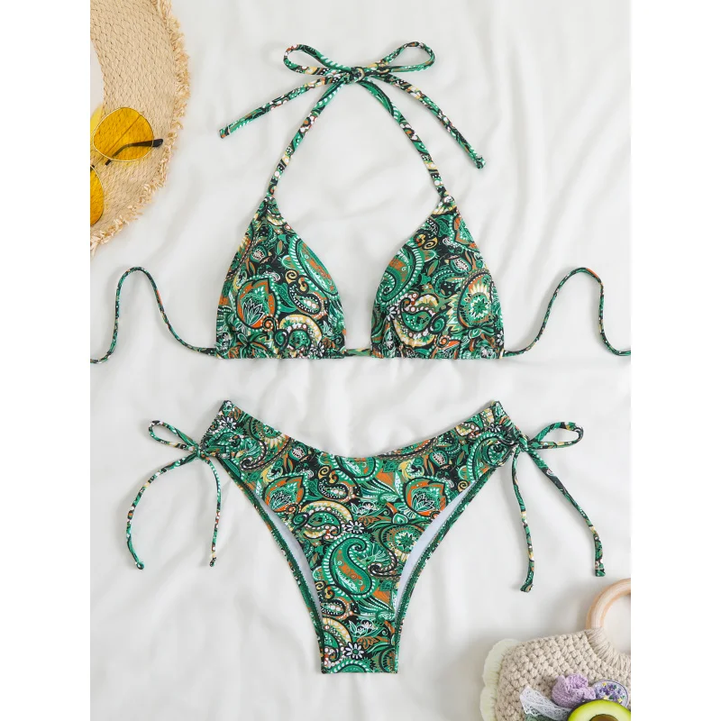 2025New Digital Printing Lace-up Halter Bikini separates SwimsuitbikiniSwimwear