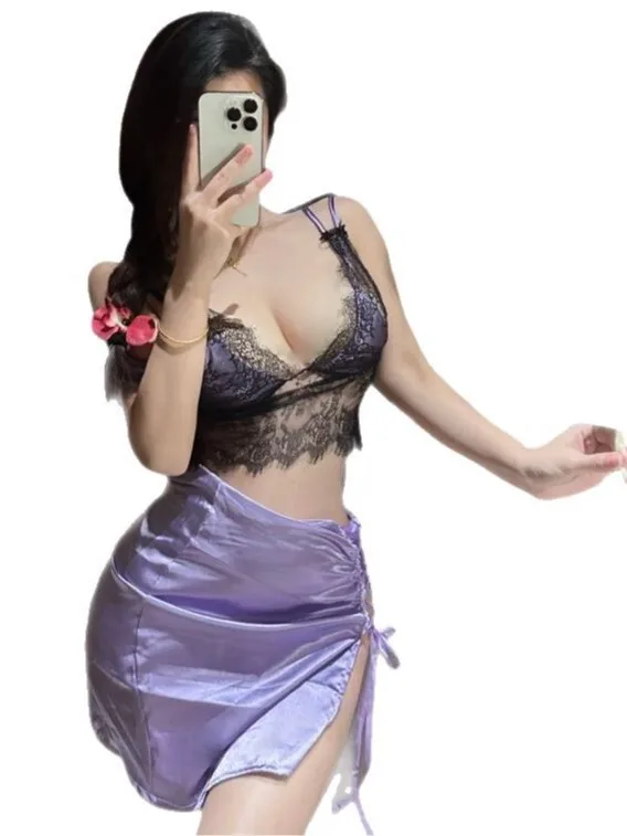Sexy Unterwäsche V-ausschnitt Mesh Spitze Sheer Royal Schwester Weiblichen Charme Satin Strap Tasche Hüfte Sexy Uniform Kleid Elegante Lila Süße H71F